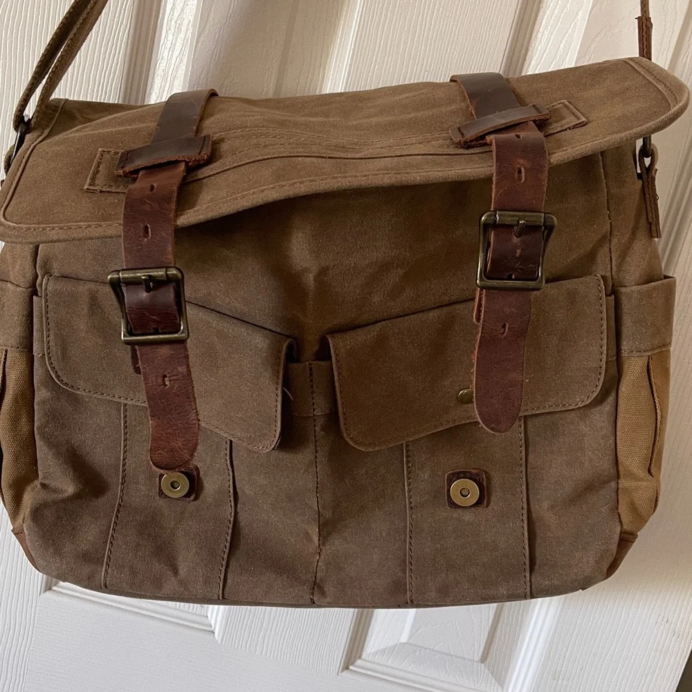 Brown Leather/Canvas Laptop Computer Bag Briefcase Messenger
